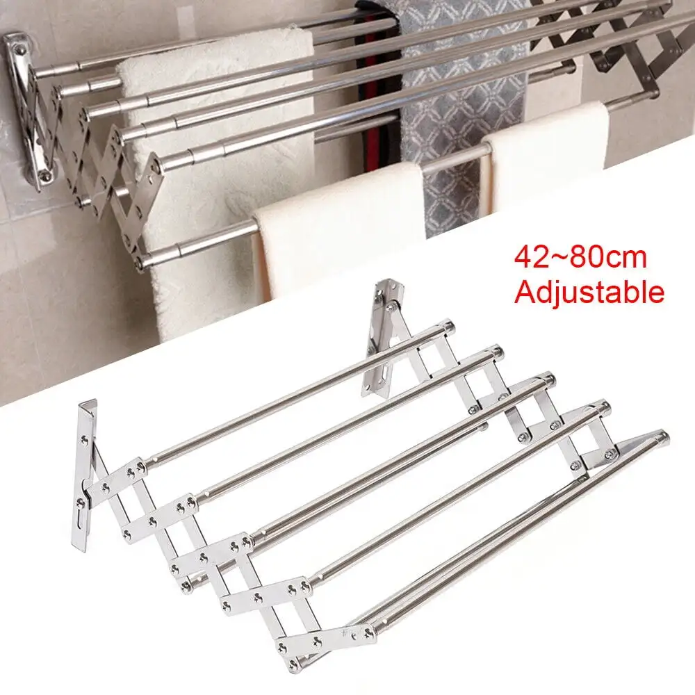 Stainless Steel Wall Mounted Laundry Drying Rack Length Adjustable 42~80cm, Foldable Towel Holder Bathroom Easy To Install