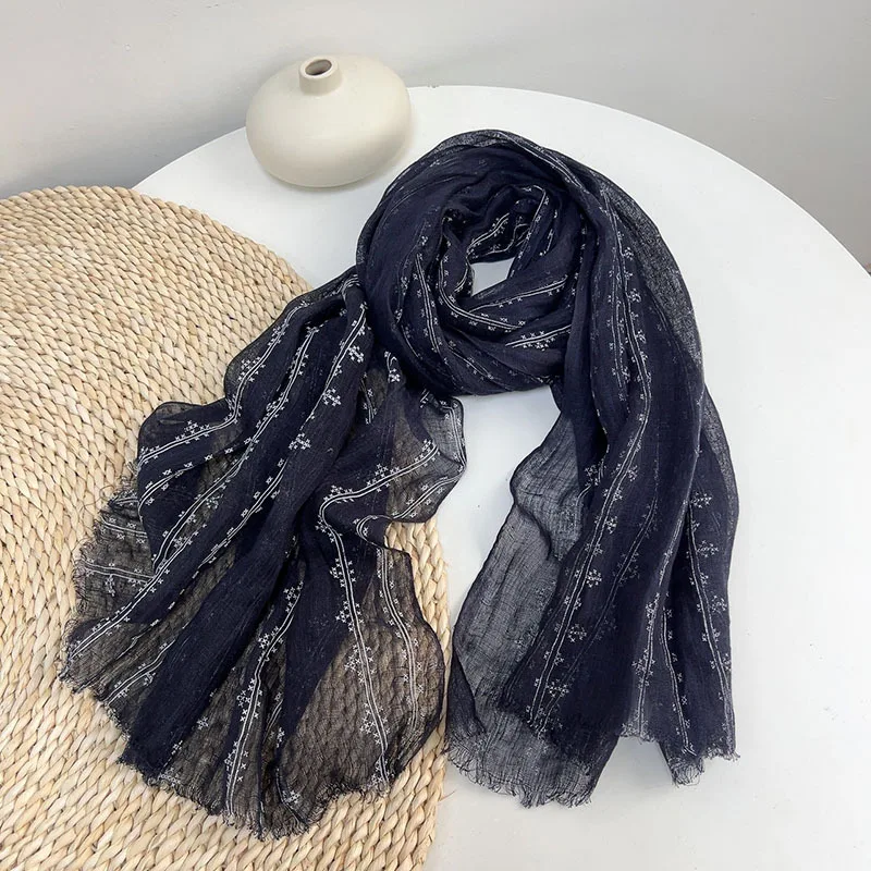 

100% linen winter scarves woman 2026 Japanese style art army green navy blue long neck scarves breathable head scarves