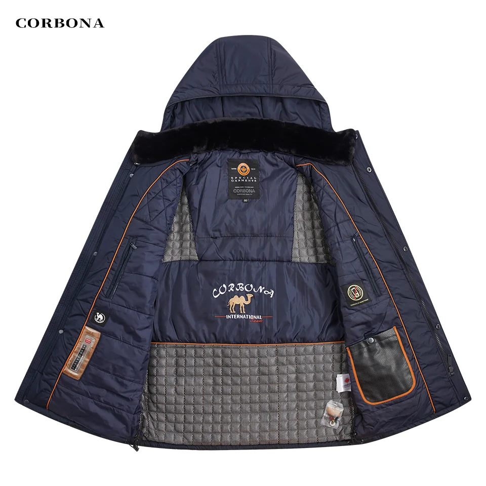 CORBONA-abrigo grueso a prueba de viento para hombre, Parka con capucha oscura, forro de algodón, cuello de piel, alta calidad, invierno, 2024