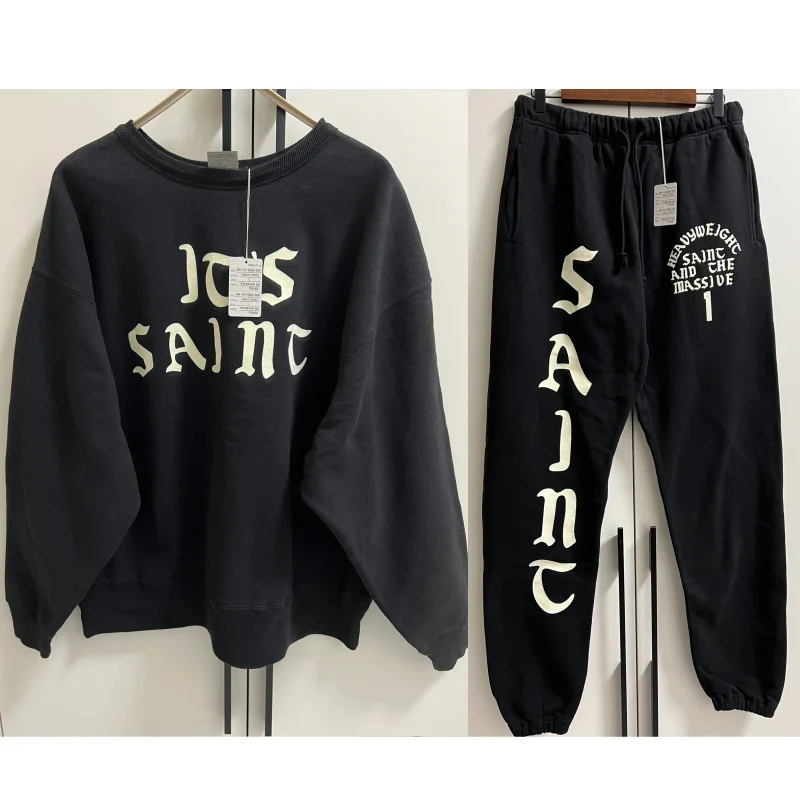 

High Quality Hoodie Pants Set English Letter Print Saint Pullover Sweatshirt Men Women Round Neck Long Sleeved Distressed Tops