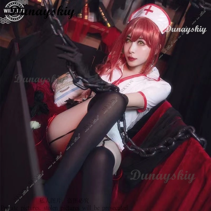 Makima Anime Cosplay disfraz peluca uniforme de enfermera dividido en el lado hombre juego de rol mujer adulto conjunto de sombreros de fiesta Sexy