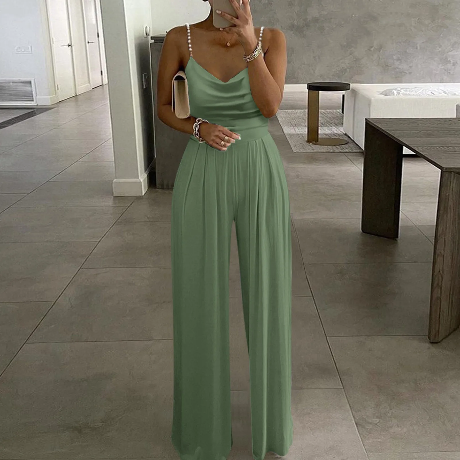 Summer Elegant Women Jumpsuit Casual Solid Color Two Pearl Strap Overalls V Neck High Waist Tube Pants Dressy Rompers Jumpsuit