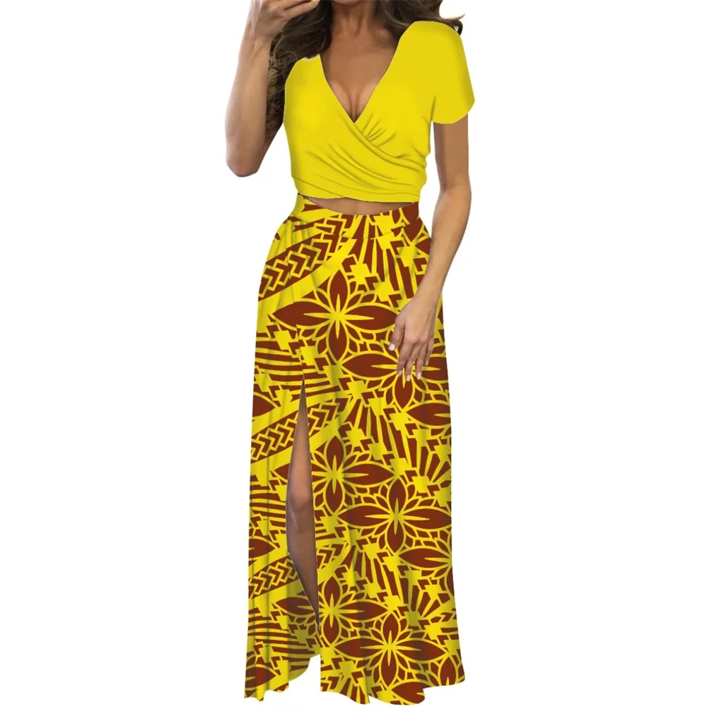 Yellow Samoan Puletasi 2023 For Women Dresses Polynesian Tribal Islander Clothing Samoa Tapa Print Two piece wrap Top & Skirt