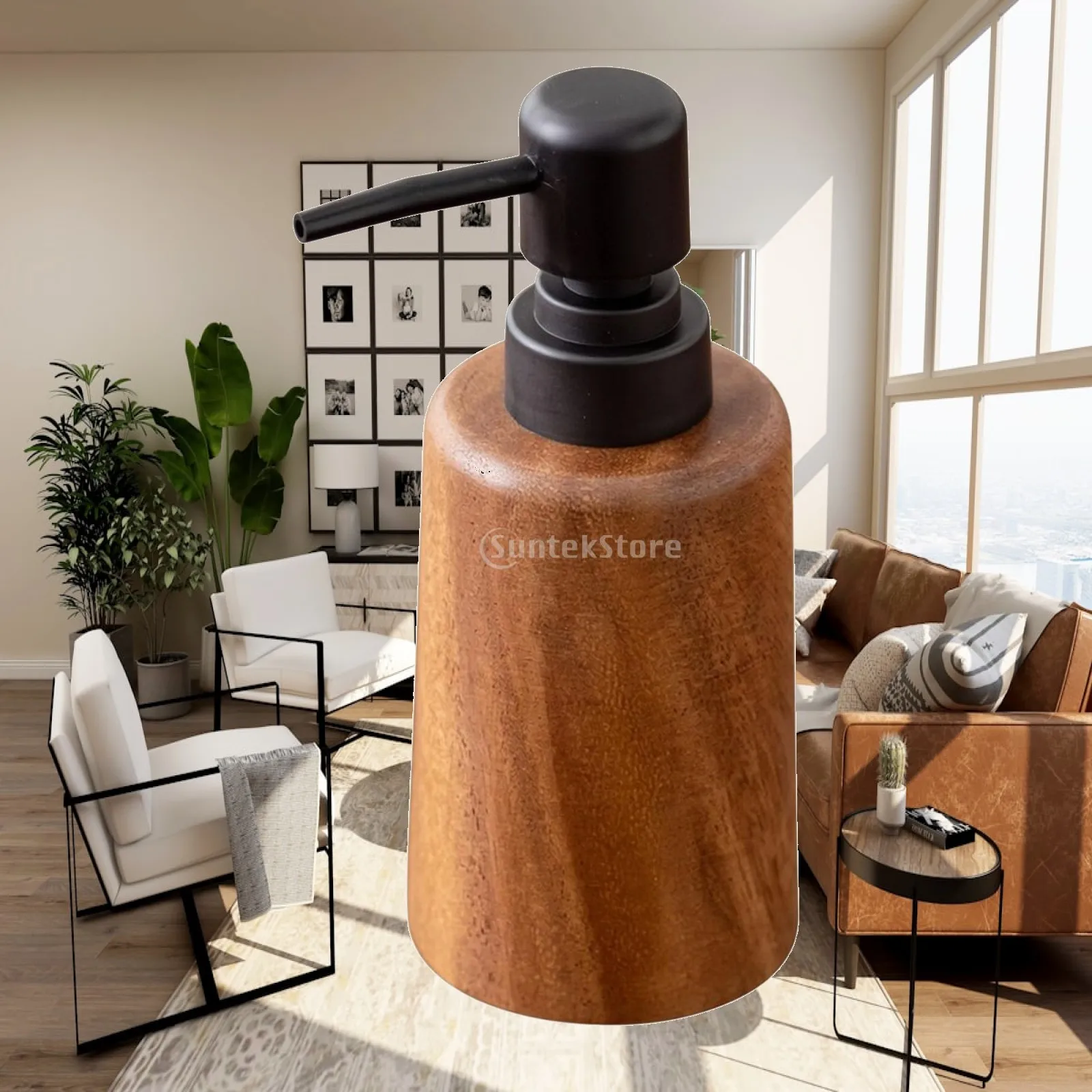 Natural Wood Lotion Dispenser Bottle Pump for Soap Shampoo Refillable Walnut Design for Kitchen Countertop Restroom