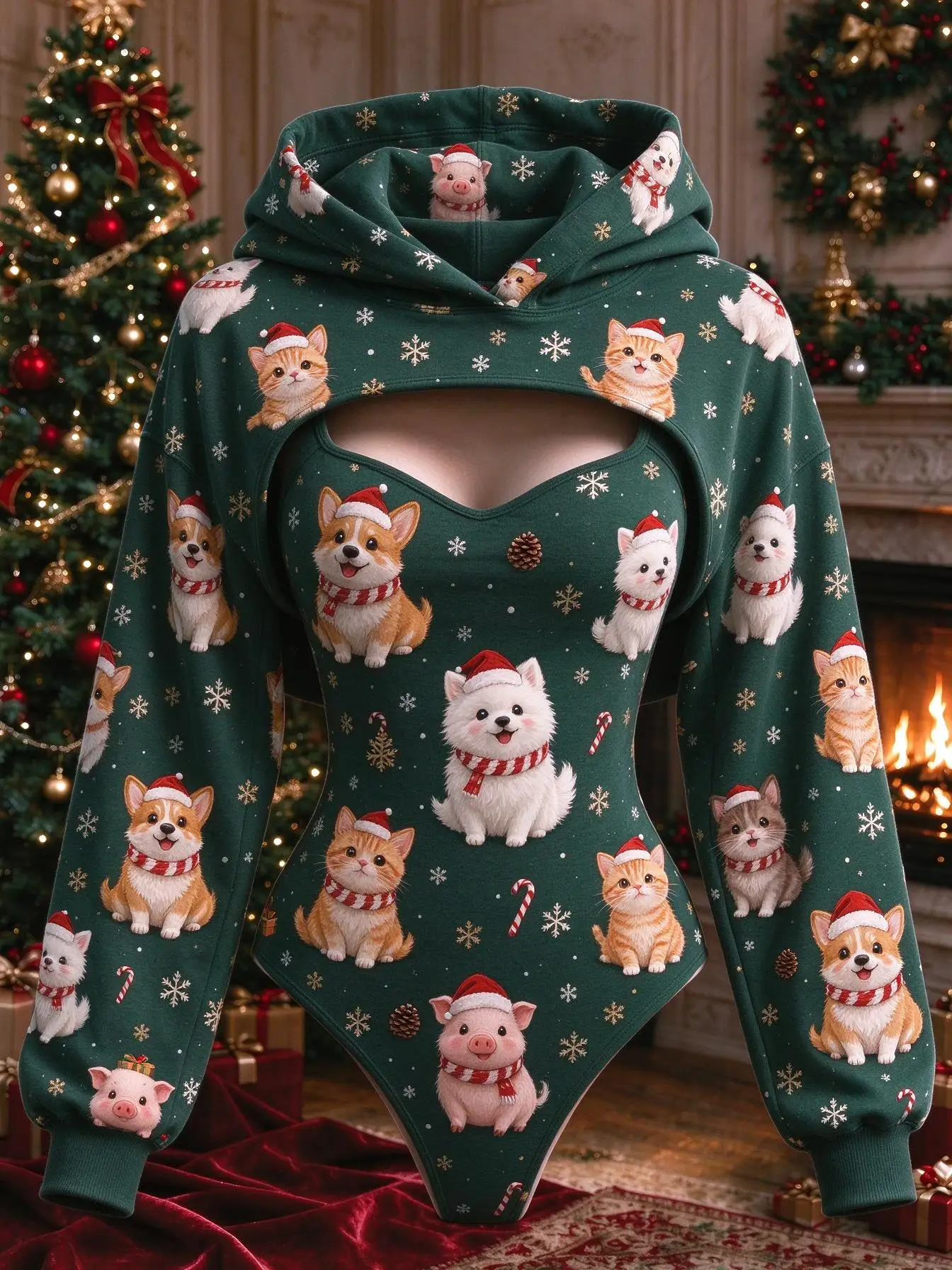 Women 2Pcs Christmas Full Print Santa Claus Face Outfit Sleeveless Bodysuit + Hooded Long Sleeve Shrug Set Xmas Holiday Costume