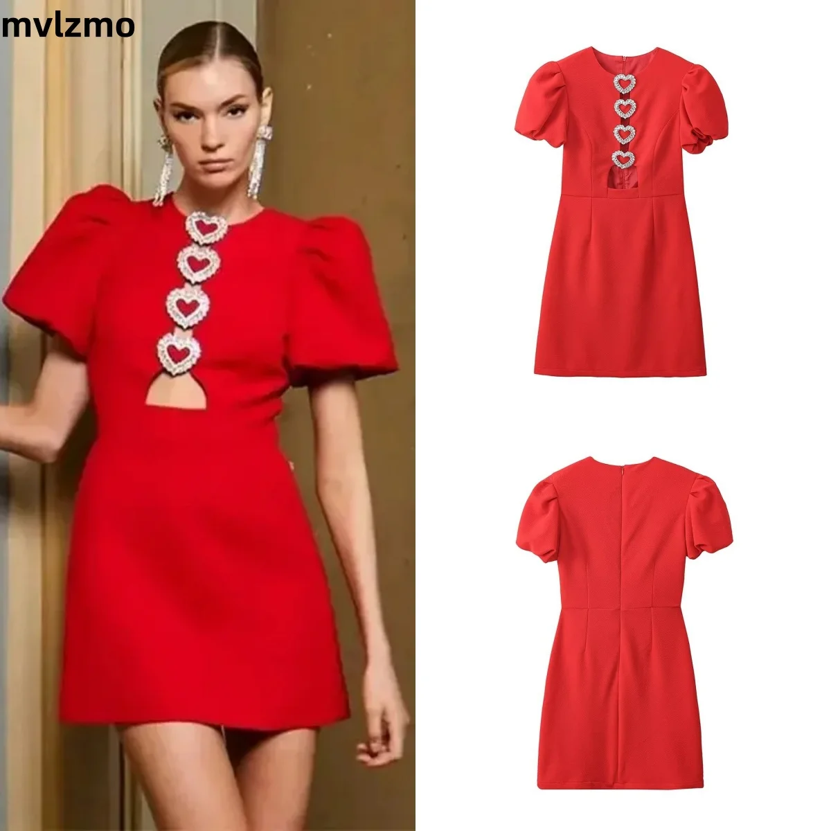 Robe de soirée sexy en métal pour femmes, évider, manches courtes bouffantes, mini robes rouges minces, robes de soirée élégantes pour dames, mode 2024