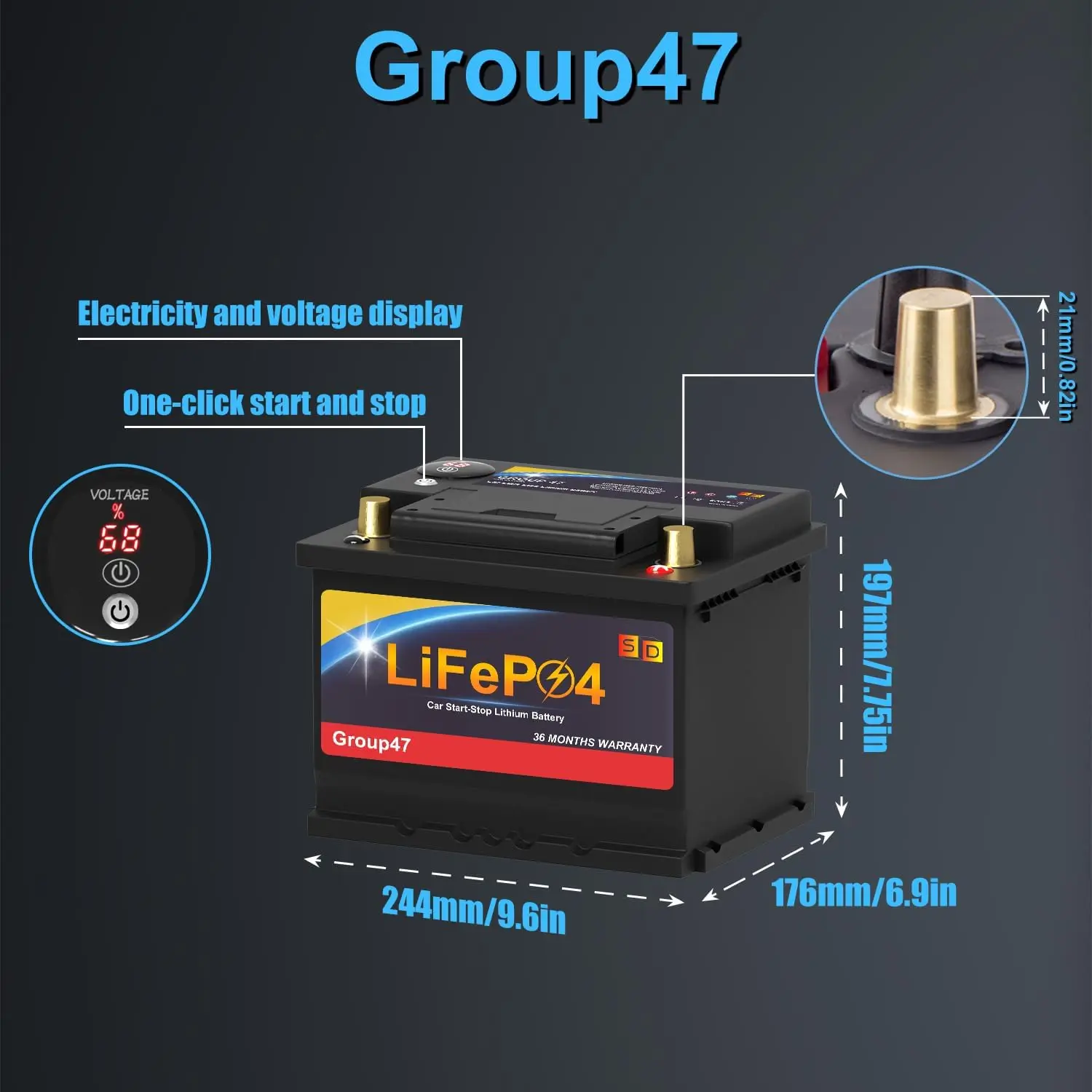 Lithium Car Battery Group 47 H5 12.8V 600CCA Start Stop Compatible Automotive Starter Lightweight Charge Display Emergency Start