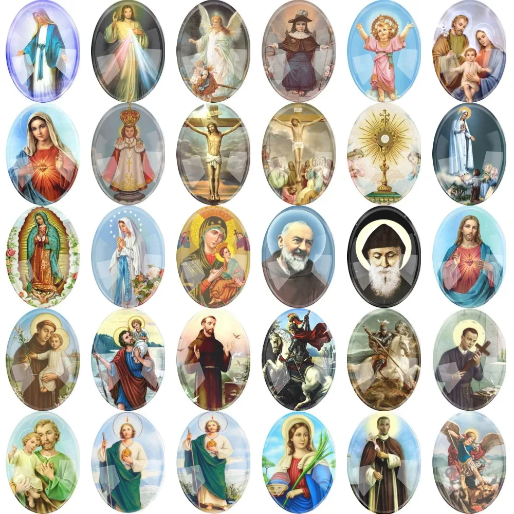 Mixed Oval Cabochon Catholic Virgin Mary Christian The Sacred Heart Pattern for DIY UV Resin Pendant Glass Cartoon Religious