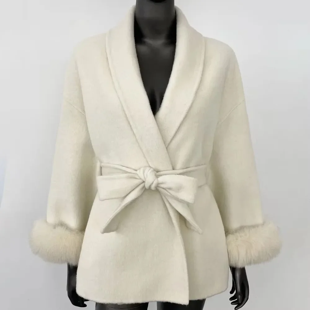Abrigo de mezcla para mujer, chaqueta de lana a la moda 2025, cuello de piel de zorro Natural para invierno, abrigo de piel auténtica de lana de Cachemira grueso y cálido para otoño
