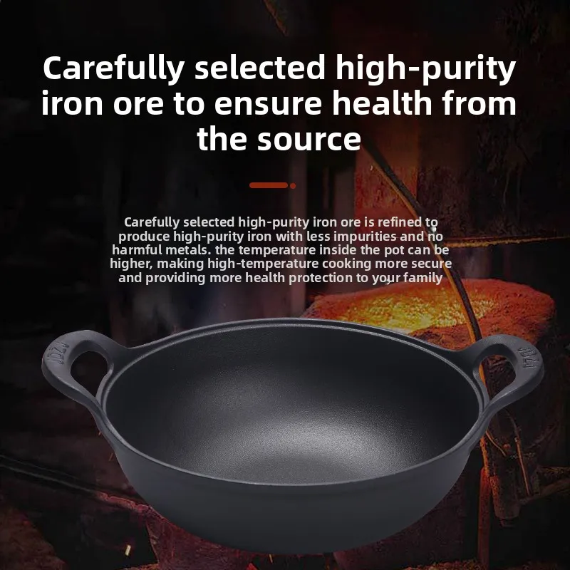 Cast Iron Wok with Lid Deep Double Ear Pot Non Toxic Cookware Set for Kitchen Stovetop Oven Safe Durable Heavy Duty Multipurpose