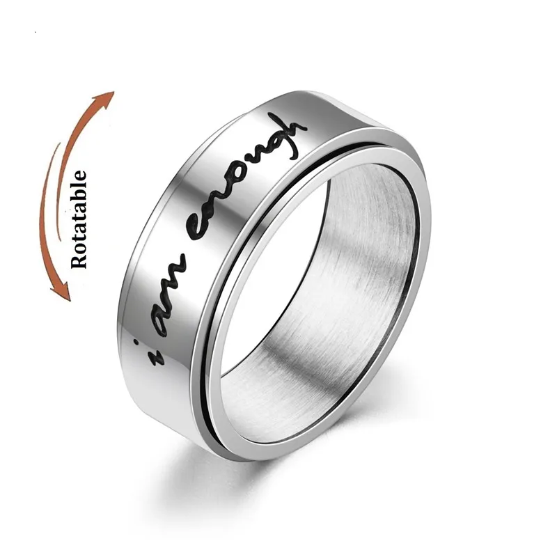 Anxiety Fidget Spinner Rings Carved Words I am Enough Stainless Steel Relaxing Ring for Male Anti Stress Accessories Jewelry