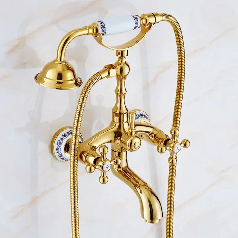 Antique Brass Bathtub Shower Faucet, Porcelain Deco, Dual Handles, Mixer Deck Mount with Adjustable Angle Showerhead