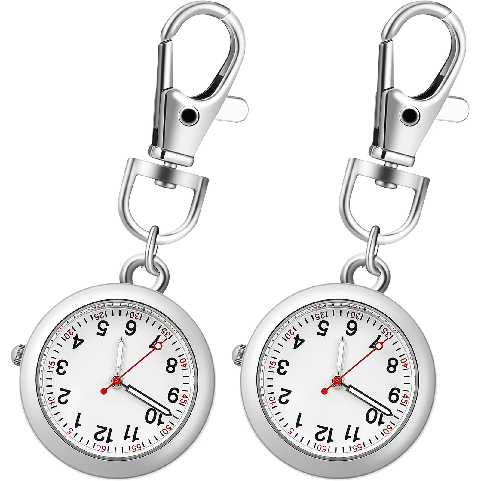 

2 Pcs Nurse Watch Clip-on Keychain Buckle Silver Portable Pocket Watches with Luminous Pointers for Nurses Doctors Medical Staff