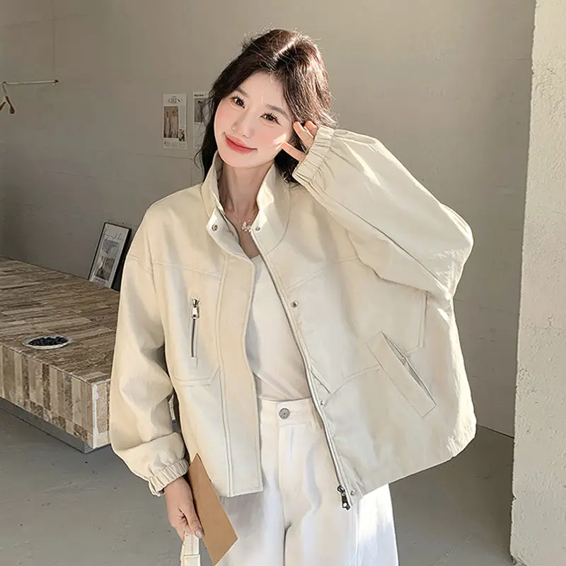 

Women Clothes Spring Autumn Fashion Korean Zipper Solid Color Female Simplicity All-match Stand-up Collar Appear Thin Cardigan C