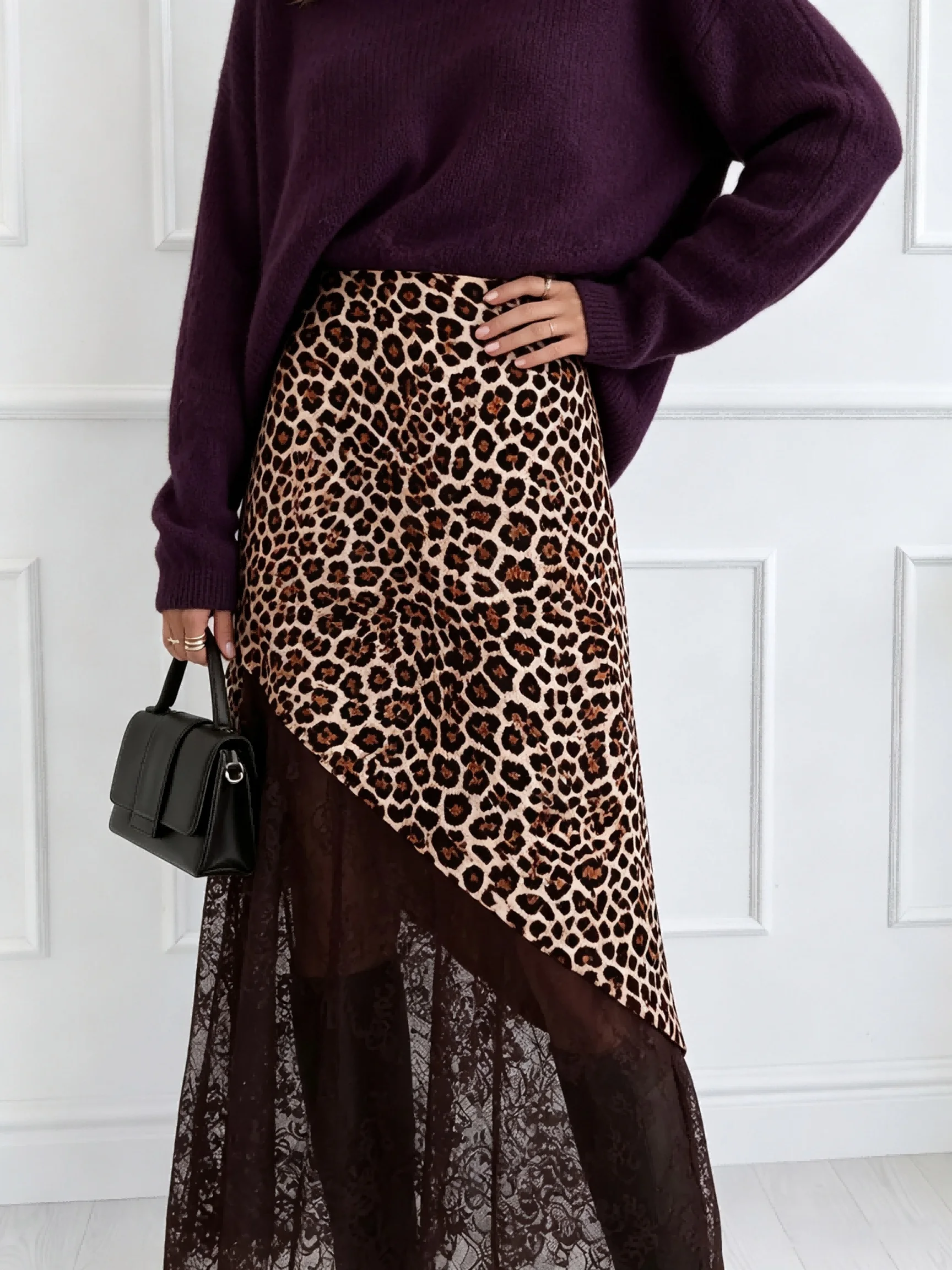 Ladies Leopard Print Asymmetric Skirt High Waist Lace Splice Long Skirt Vintage Elegant Women A‑Line Midi Bottoms