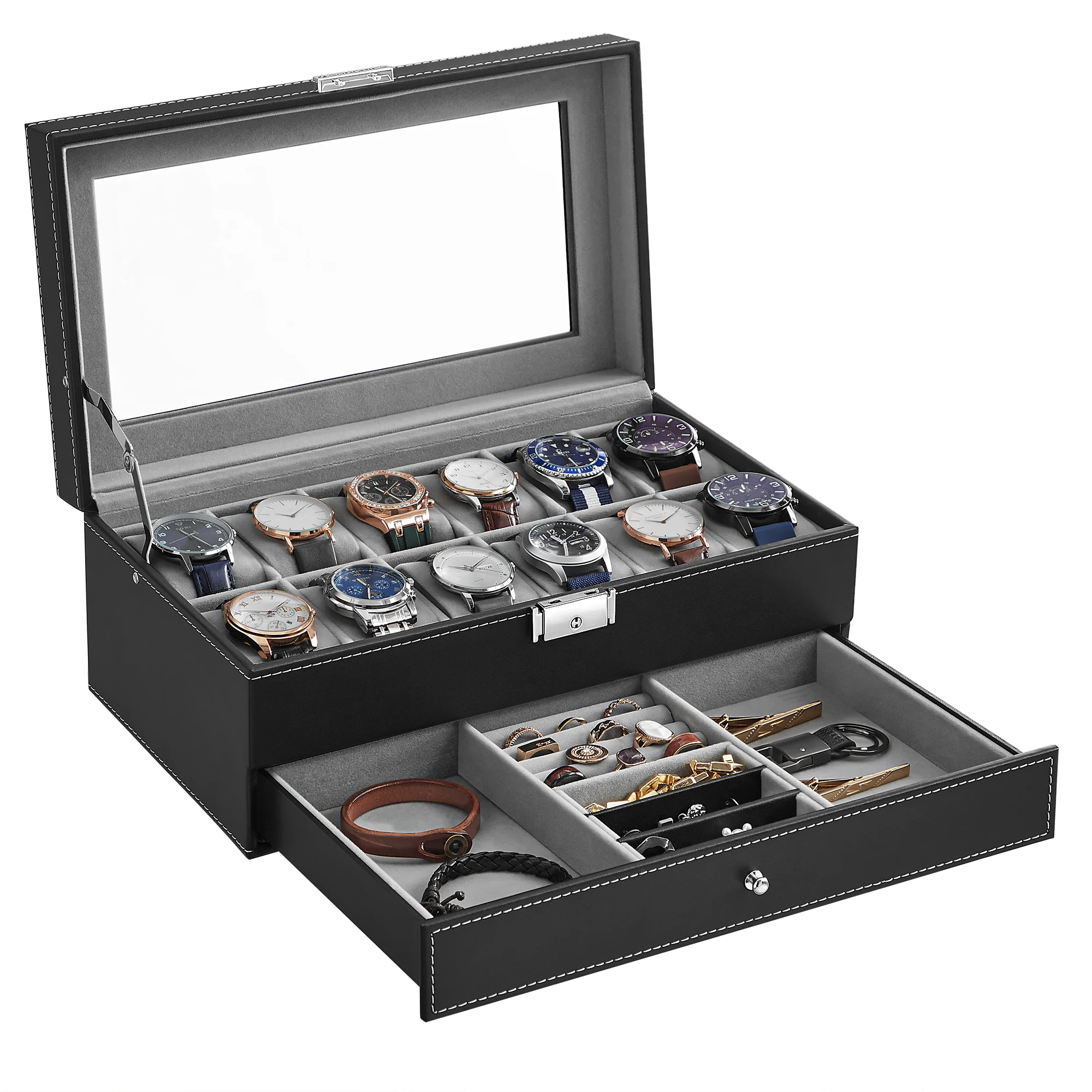 SONGMICS Watch Box, Watch Case with Glass Lid, 2-Tier Watch Display Case for 12 Watches, Lockable, 1 Drawer, Bracelets image 3