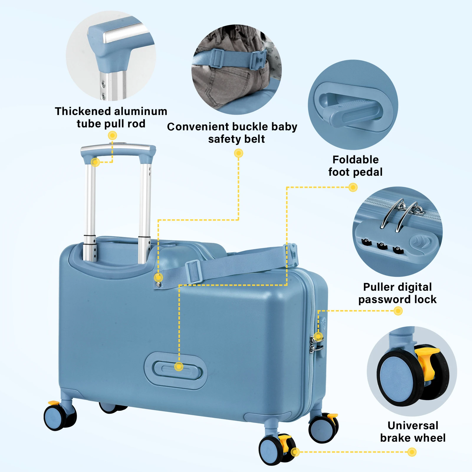 حقيبة سفر للأطفال مقاس 20 بوصة حقيبة سفر مع دواسة قدم وعجلات وعربة أطفال آمنة