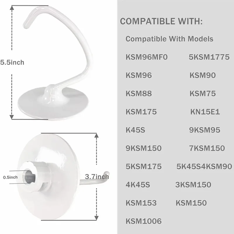 KitchenAid Coated Dough Hook, Compatible with K45dh KitchenAid Stand Mixers KSM90, K45SS, KSM110, KSM150 and KSM75 for 4.5-Quar