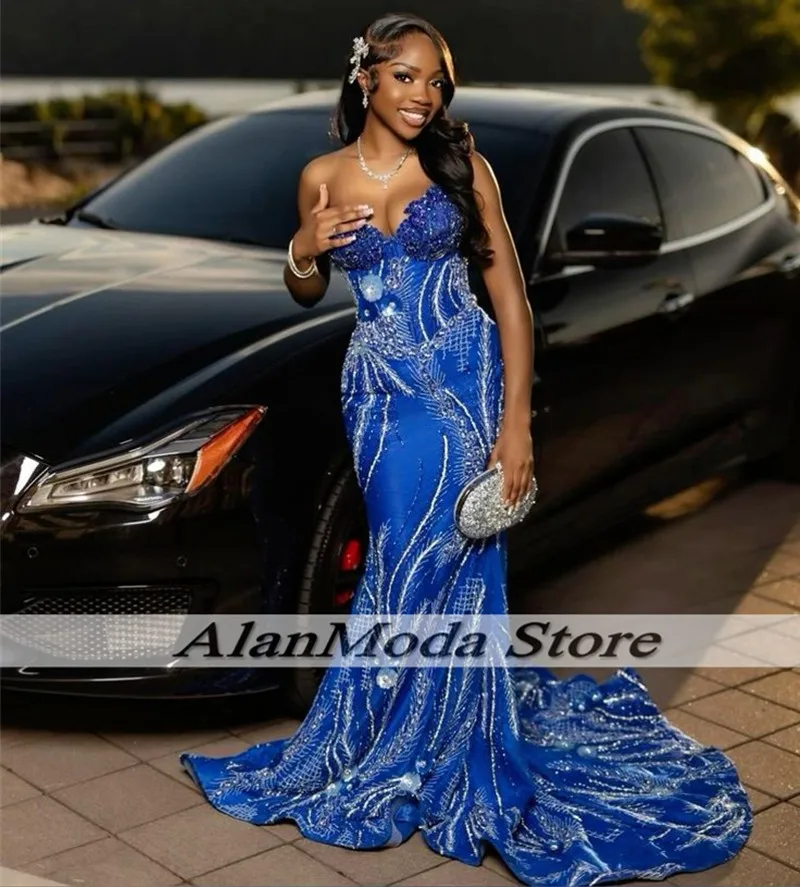 Elegante vestido de baile azul para meninas negras 2025 querida strass sereia vestidos de festa sob medida vestidos de ocasião personalizados