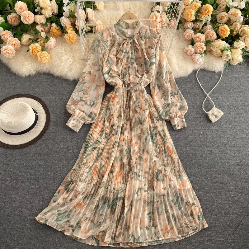 Vintage Floral Long Dress Women Spring Summer Korean Style Stand Collar Lantern Sleeve Chiffon Dress Female Elegant Party Vestid