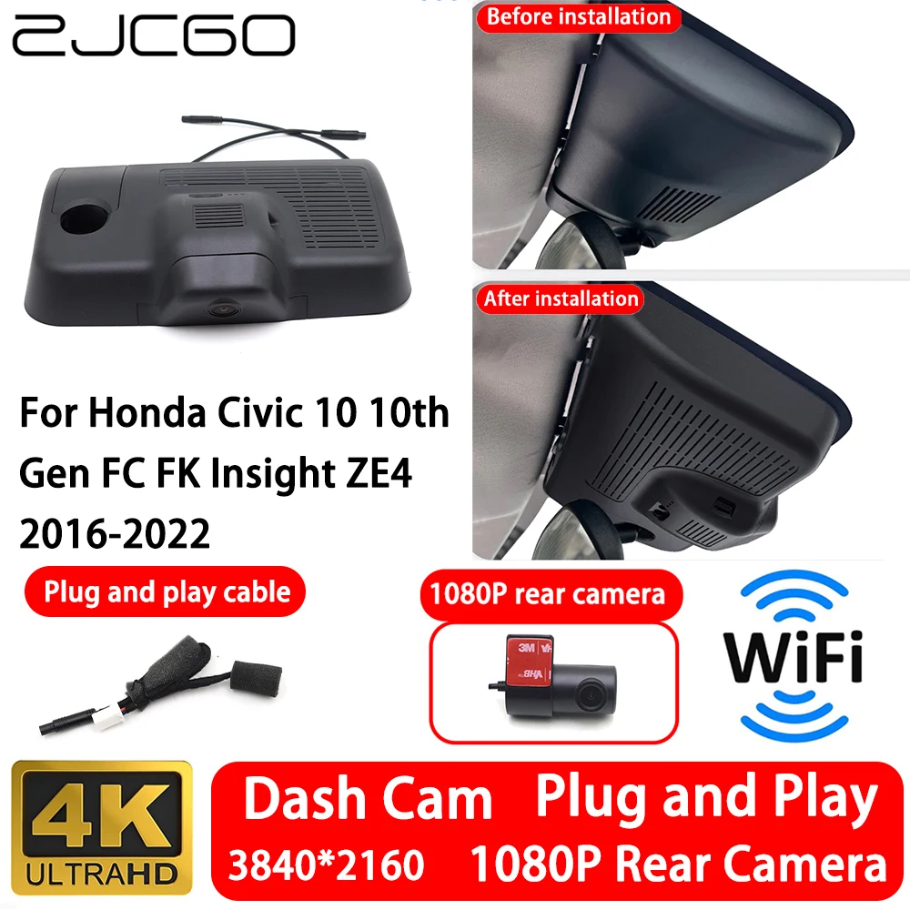 for Honda Civic 10 10th Gen FC FK Insight ZE4 2016-2022 4K 2160P Front Rear Camera Dash Cam Wifi Plug and Play Video Recorde