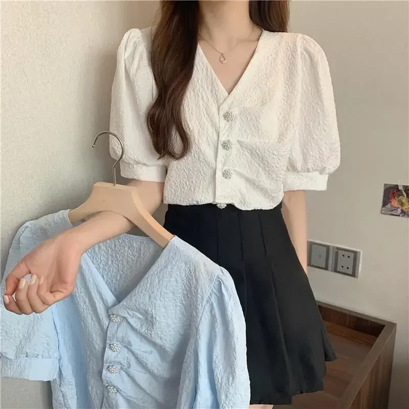 

Korean Fashion Puff Sleeve Shirts for Women Elegant Sweet Preppy V-Neck Blouse Woman Solid Pearl Buttons Chiffon Shirt