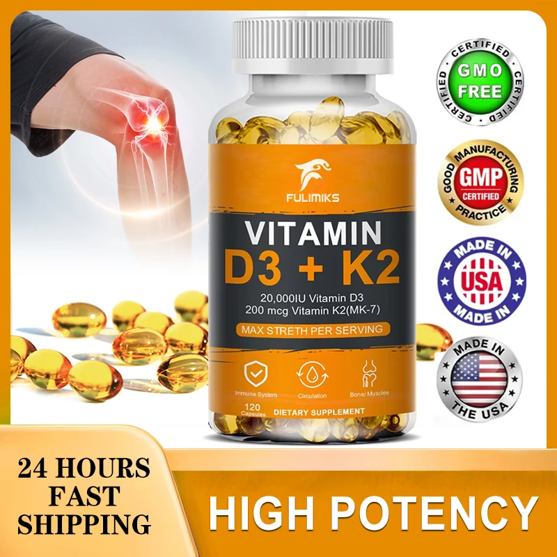 

Витамин D3 20000IU и 200 мкг Витамин K2 (MK-77) Капсулы для поглощения кальция, регенерации костей, поддержки иммунитета Высокая абсорбция