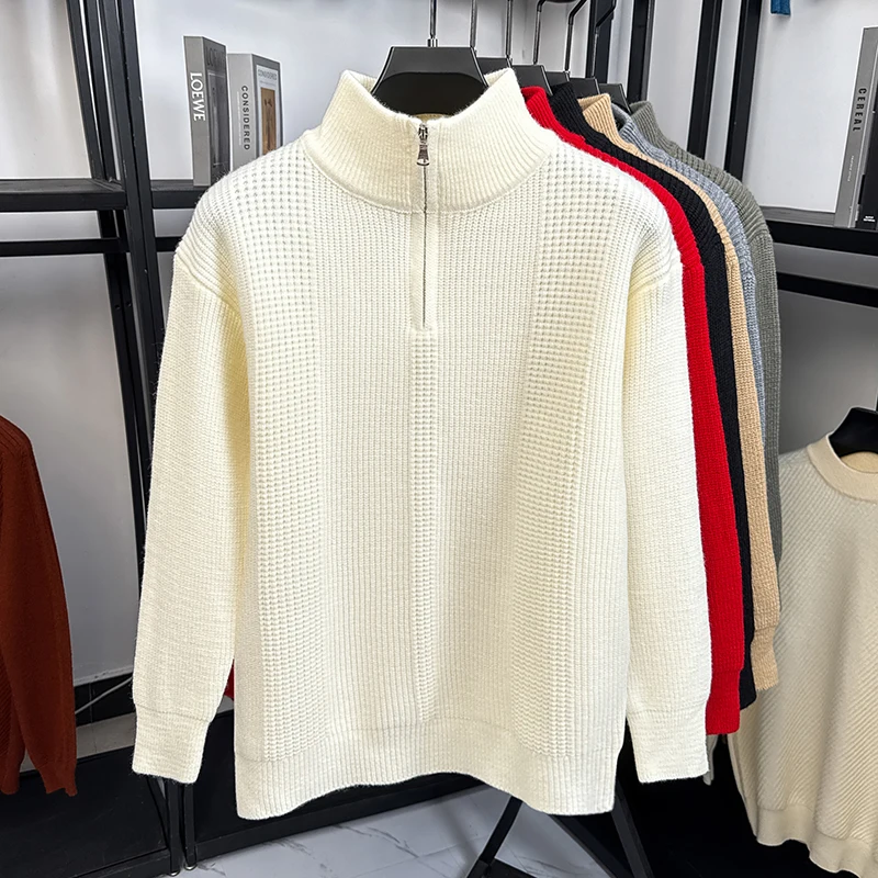 

High quality solid color men's knitted sweater thickened warm fashion half zipper high neck pullover new item luxury casual top