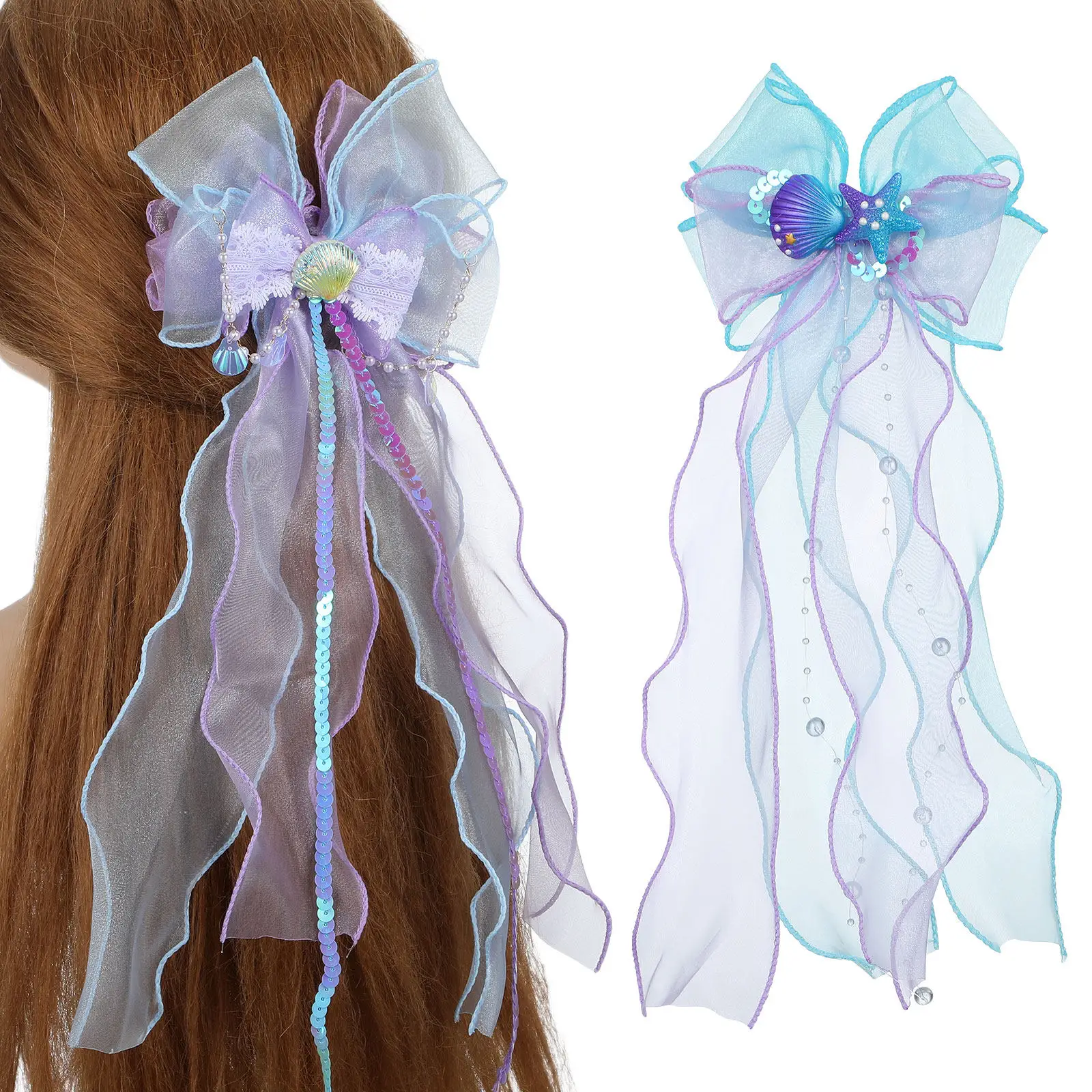 2Pcs Mermaid Bowknot Hair Clips Hair Accessories Seashell Theme Cloth Claw Barrettes Strong Application
