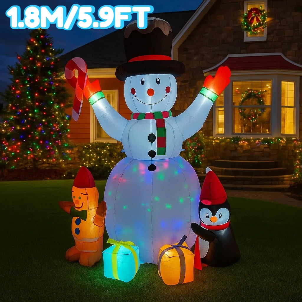 1.8M/5.9FT Inflatable Snowman Penguin Gingerbread Gift Boxes Light LED Home Holiday Lighting Decoration Yard Xmas Decor Supplies
