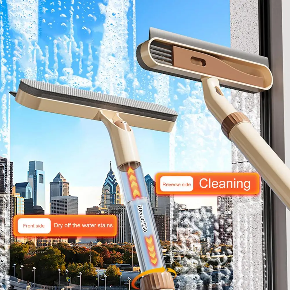 Built-in Crevice Brush 3-in-1 Window Screen Brush with Retractable Wand Swiveling Head Glass Wiper Multi-surface Squeegee Tool