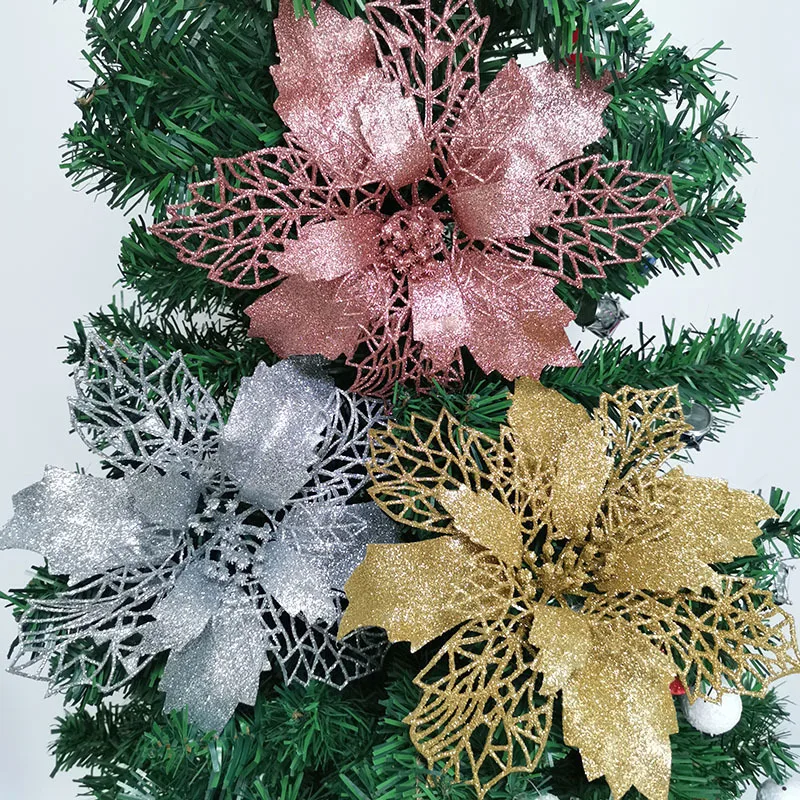 (3pcs/pack) 23cm Increase Size Artificial Christmas Tree Flower Glitter Decorations Xmas Ornaments New Year Gift Wedding Decor