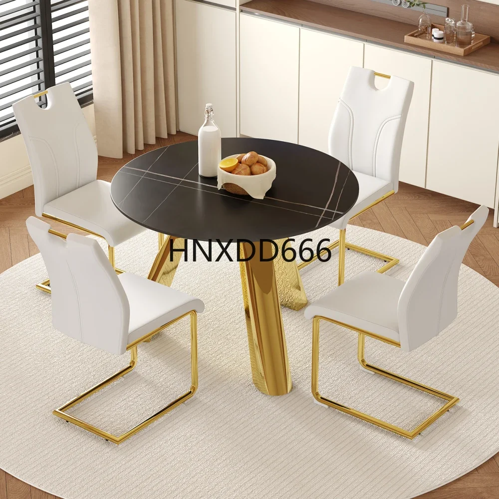 42inch Round Dining Table Set 4/6 Chairs, Sintered Stone Tabletop & Golden Stainless Steel Legs, White & Gold Modern Kitchen Set