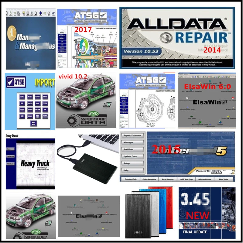 2024 Hot! Alldata Car Repair Software 10.53+mit.chell+ATSG+Auto.Data+vivid workshop data 10.2+Elsawin 6.0 Car softwares in HDD