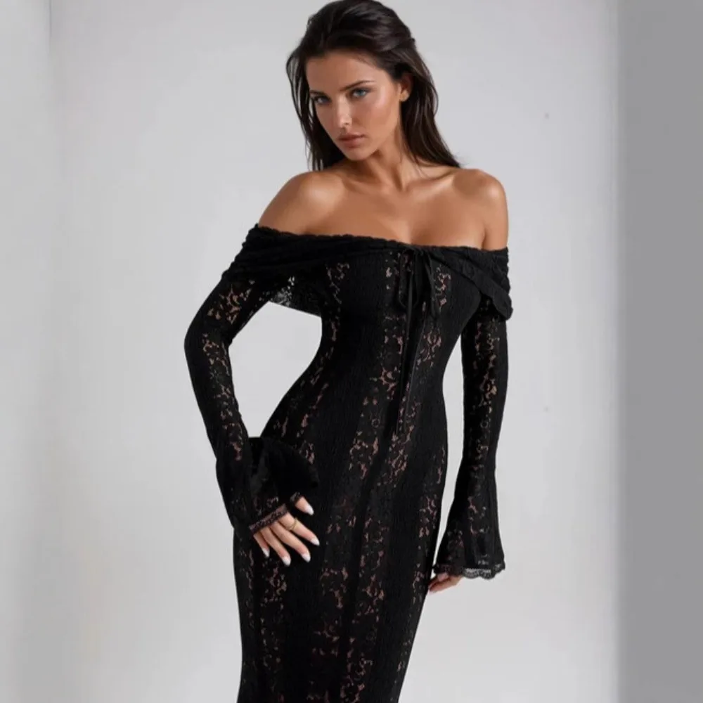 빈티지 홀로우 아웃 플로럴 레이스 오프숄더 맥시 드레스 여성 패션 플레어 슬림 드레스 우아한 여성 파티 드레스