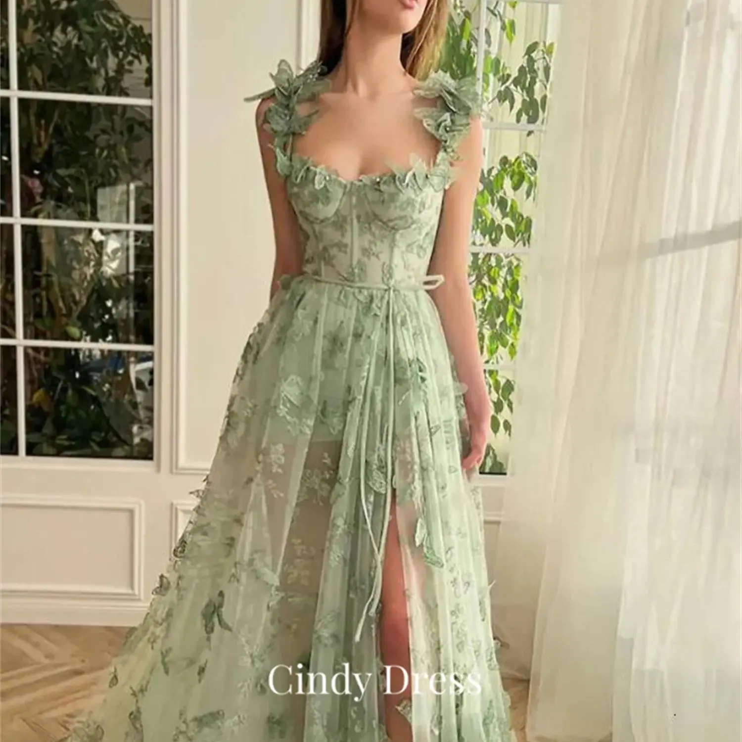 

Cindy Green Butterfly Applique A-line Dresses on Offer Liquidation Cheap Free Shipping Cocktail New Formal Occasion Prom Womens