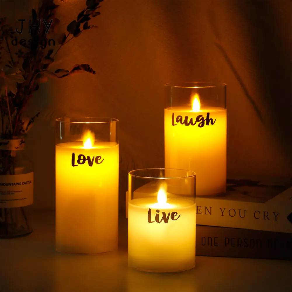 Set of 3 Flameless Glass Candles Wax Battery Candle Pillars Flickering LED Candles for Home Wedding Party Christmas Decoration