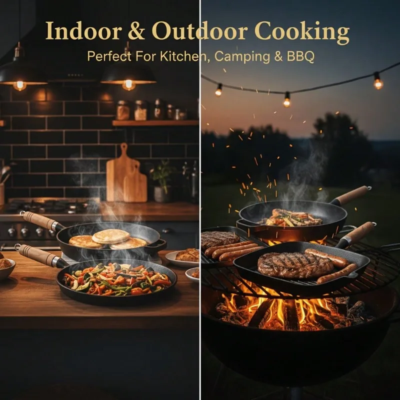 Black Cast Iron Skillet Set With Grill Pan & Crepe Pan | Nonstick Frying Pans For Steak, Pancakes, Camping & BBQ