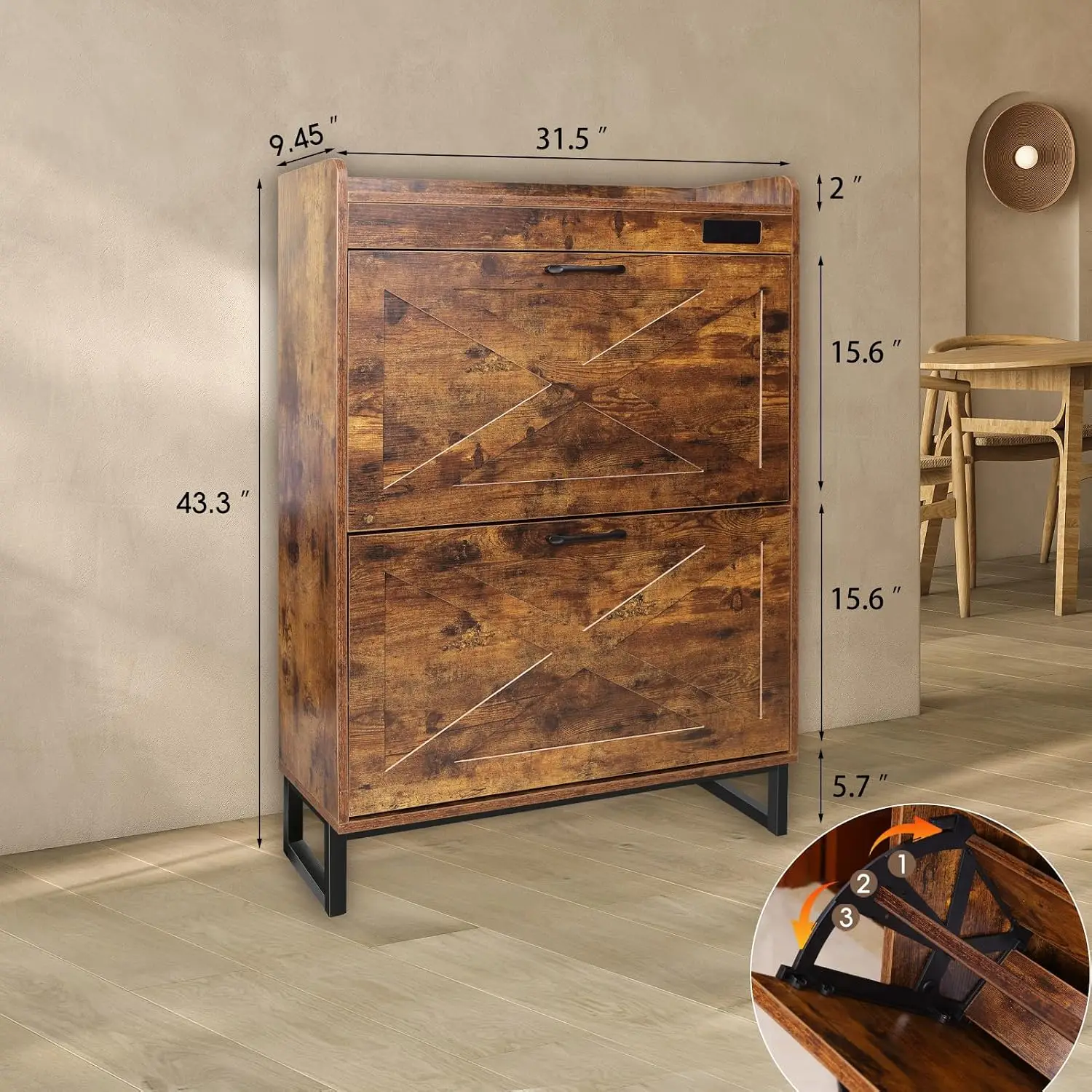 Slim Shoe Cabinet 2 Flip Drawers & Deodorizer, Freestanding Metal Legs Entryway Organizer, 31.5