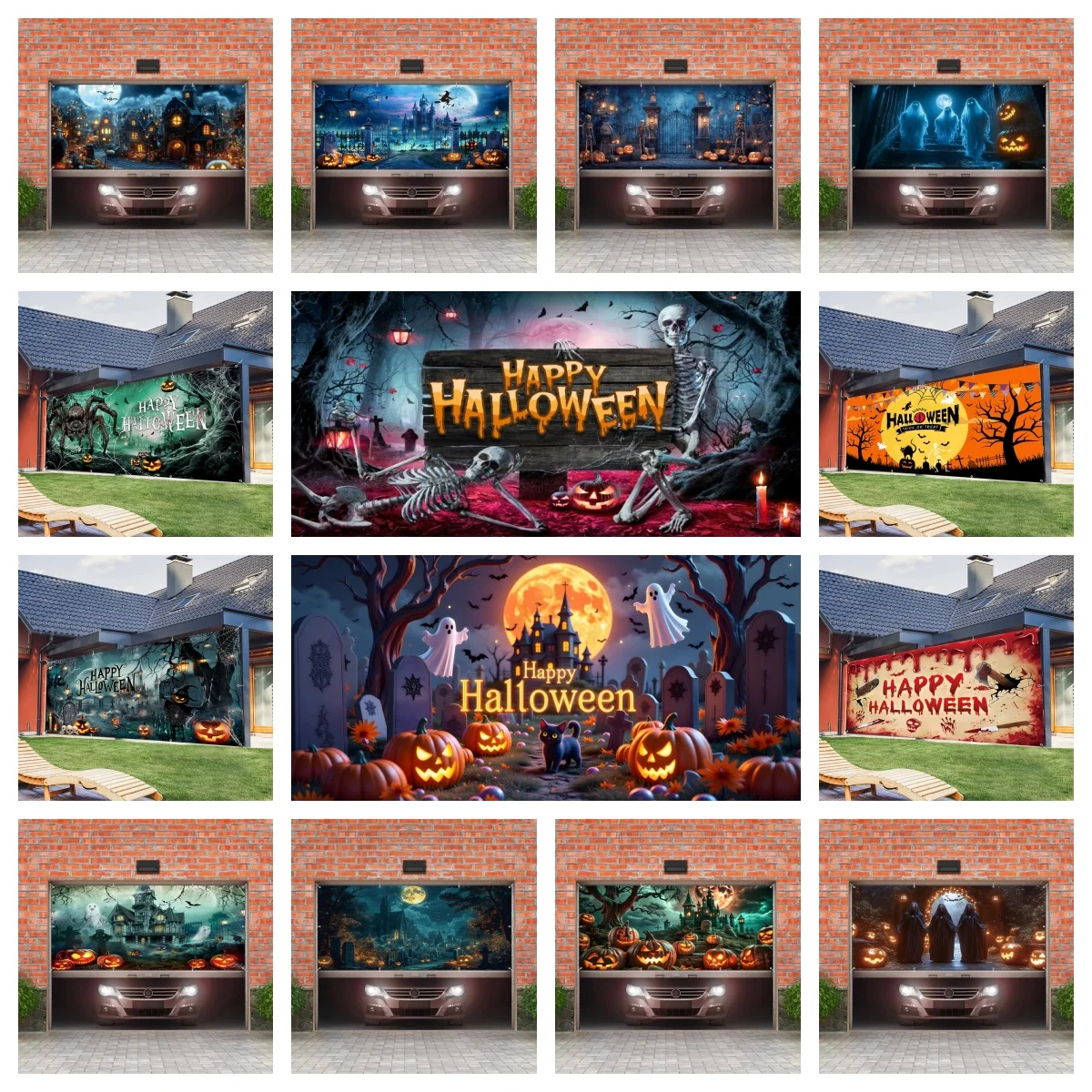Happy Halloween Garage Door Background Horror Moon Night Castle Pumpkin Lantern Ghost Garage Wall Frame For Home Courtyard Decor