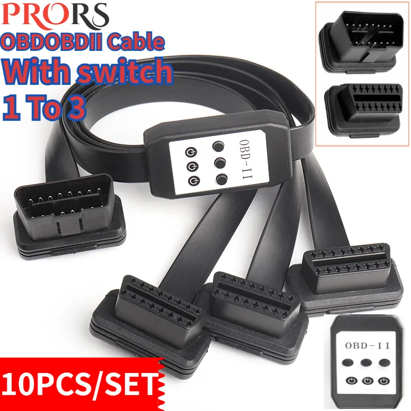 10PCS/SET 16Pin OBD 3IN1 Splitter Cable Wire Extension Male to Triple Female Connector with Switch For Multiple OBD2 ELM327 GPS