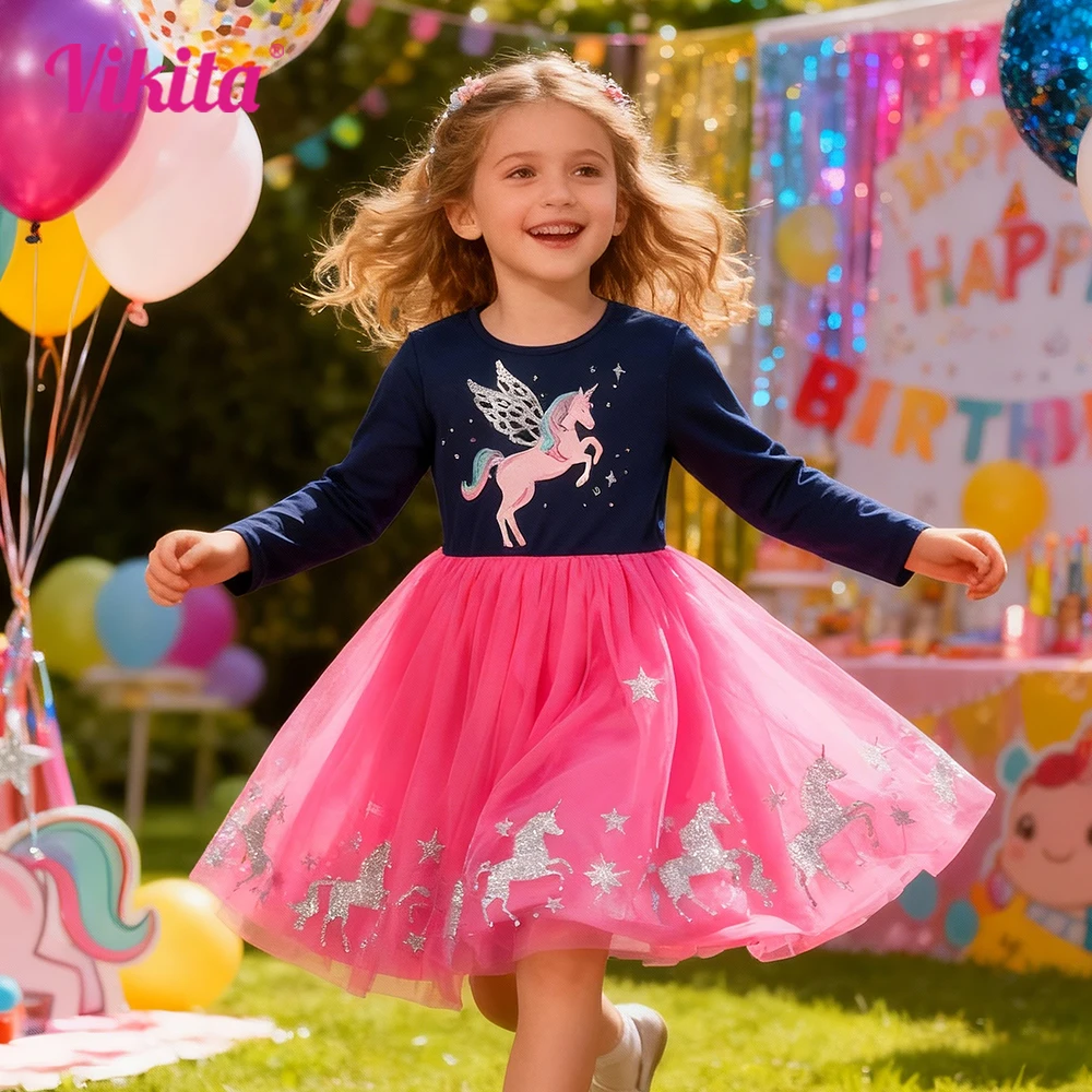 VIKITA Girls Navy Blue Pink Long Sleeve Dress Kids Sparkly Unicorn Print Tulle Mesh Fantasy Party Casual Princess Elegant Dress