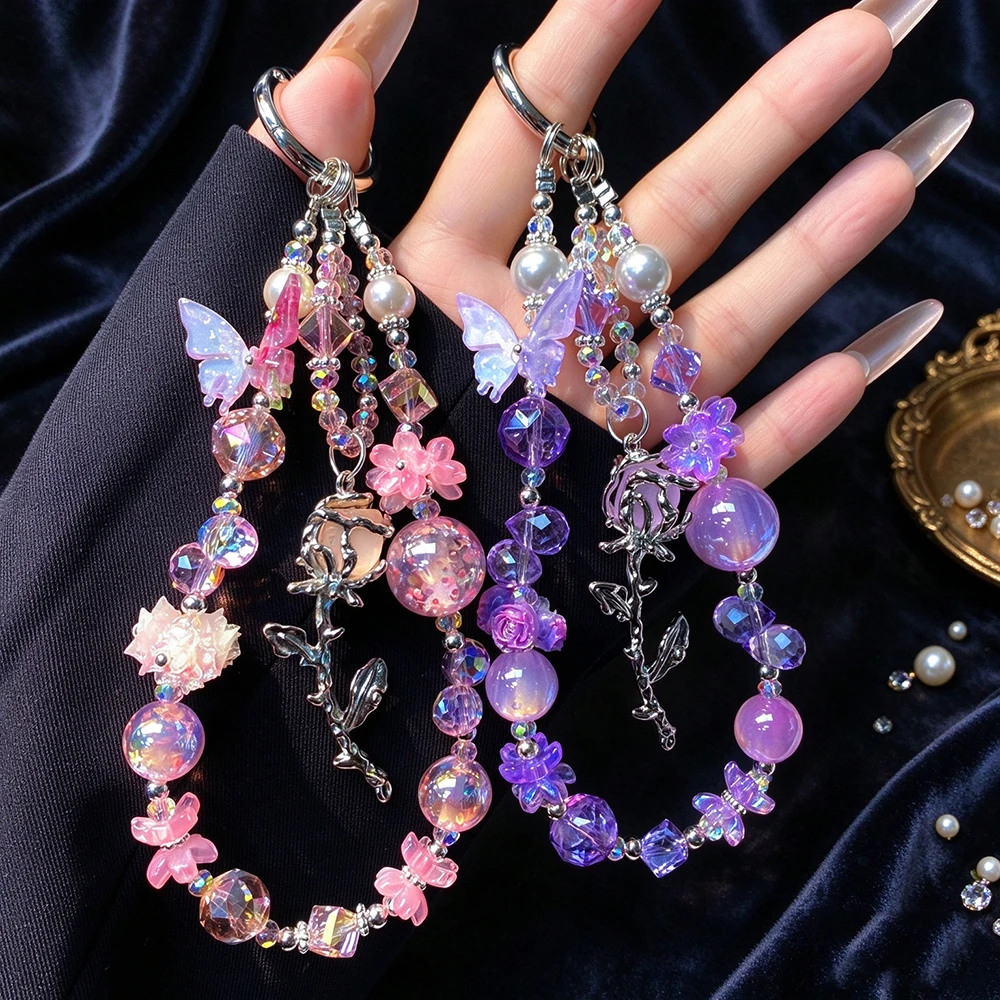 Butterfly Rose Pendant Crystal Beaded Phone Charm,Vintage Luxury Style,Multi-use Phone Bag Key Ornament,Romantic Gift for Friden