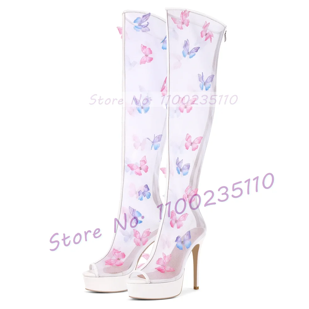 White Mesh Platform Boots With Colorful Butterfly Decals Women Elegant Peep Toe Knee High Boots Back-zip High Heel Wedding Shoes