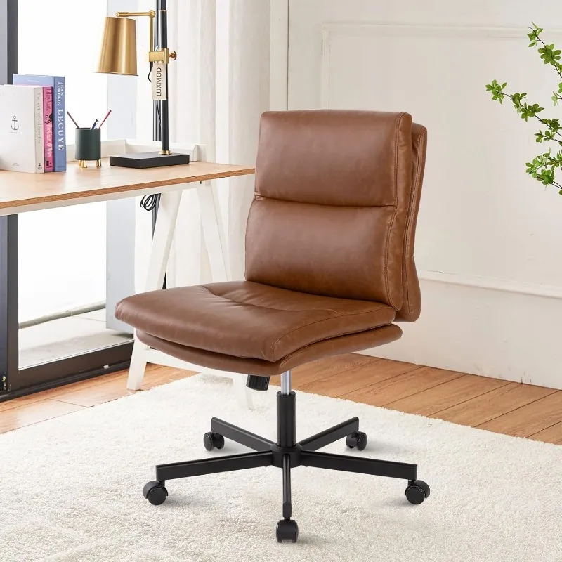 Armless Office Desk Chair With Wheels, Mid-Back Criss Cross Swivel Task Chair, Height Adjustable Cushioned Vanity Chair (Brown)