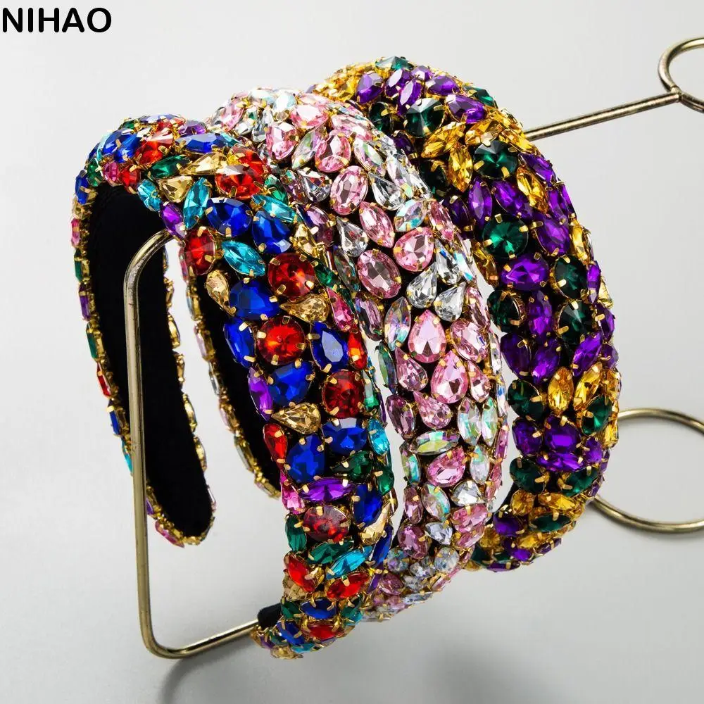 Retro Colorful Rhinestone Headband Jewelry Wide Edge Baroque Hair Hoop Hair Accessories Korean Style Bride Tiaras Wedding