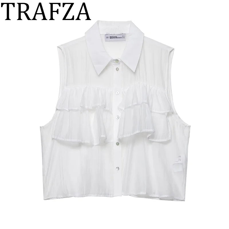 

TRAFZA Woman White Ruffles Semi-Sheer Top Women New Lapel Sleeveless Tank Camis Office Lady Elegant Short Top Female Crop Top