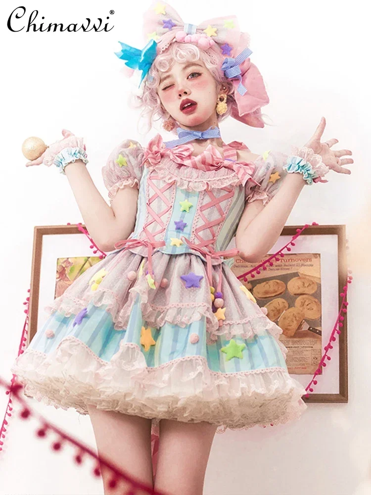 Japońska słodka dziewczęca sukienka księżniczki Lolita truskawkowe gwiazdy kokardka OP sukienka kobiety Kawaii Cosplay powyżej kolan urodziny Y2k sukienki