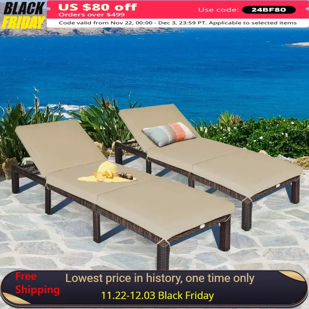 

Rattan Wicker Beach Chairs Outdoor Patio Lounger with Adjustable Backrest, Heavy-Duty Reclining Chair Sunbed Beach Chairs