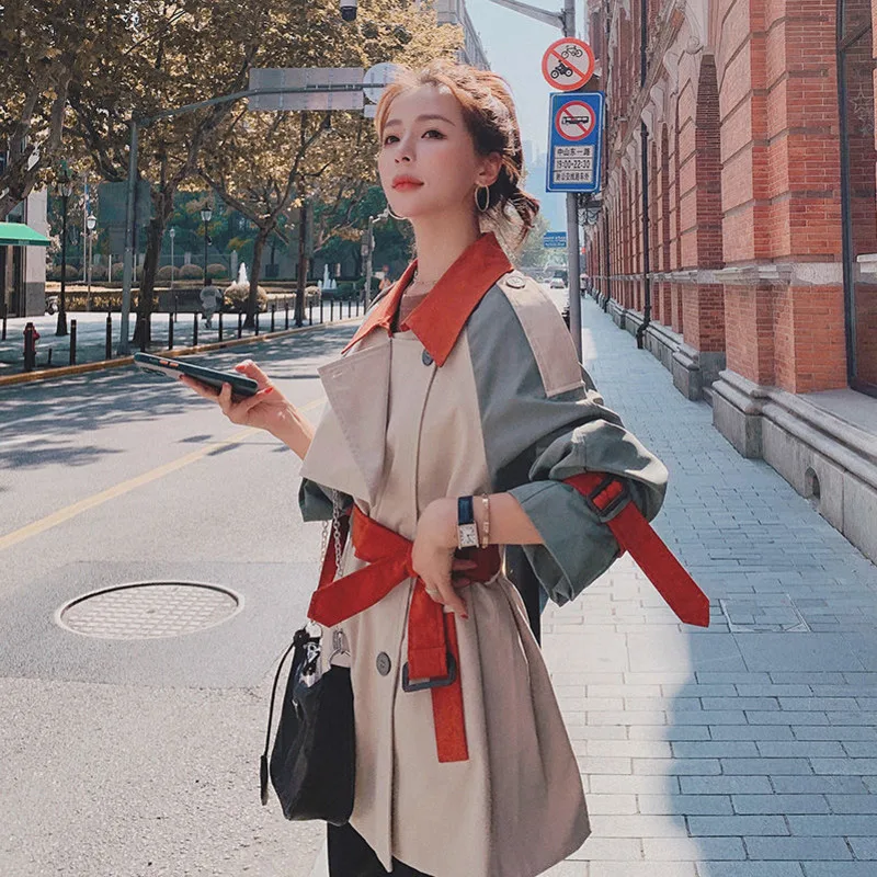 Contrast Stitching Windbreaker Women\'s Middle Long 2023 Spring Autumn Clothing Korean Version Loose Belt Trench Coat For Women